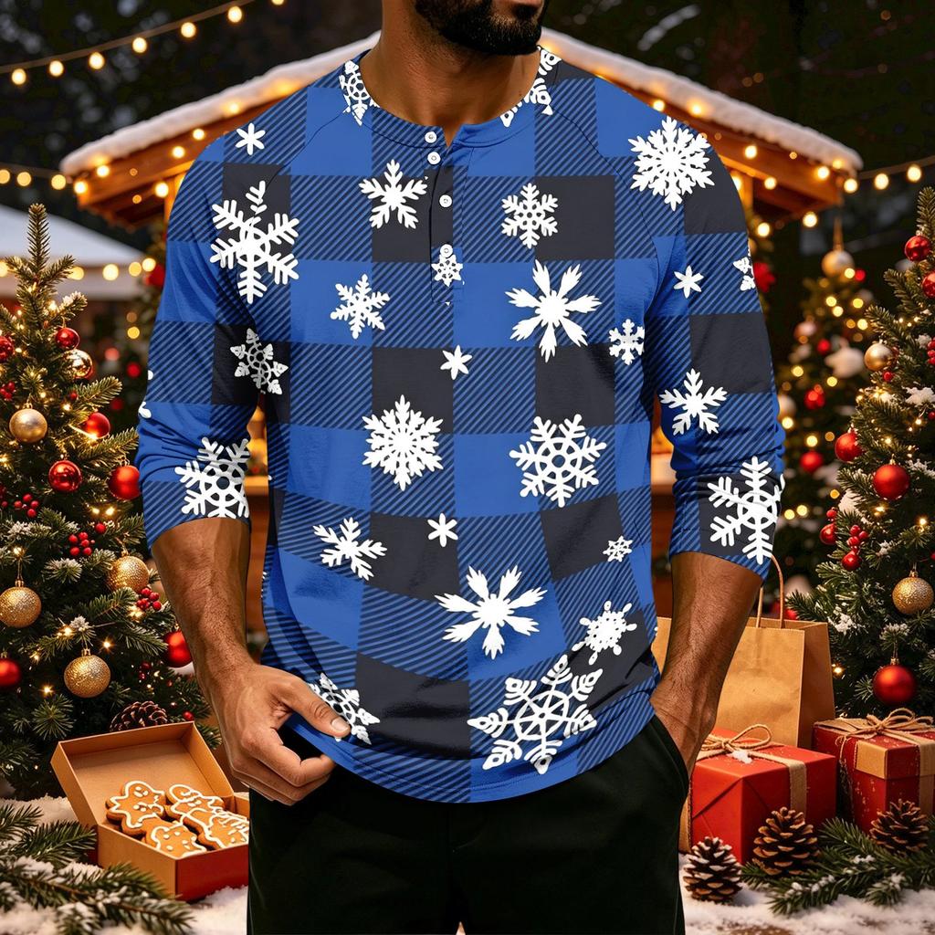 Men's Casual Shirt with Raglan Three-Quarter Length Sleeves Christmas Print Pullover