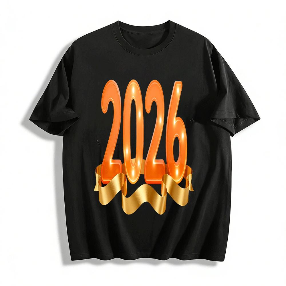 2026 New Year Themed Print Casual Unisex Top Pure cotton T-shirt XXS