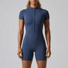 Women Short Sleeve Zip Front One Piece Bodysuit Stretchy Ribbed Fabric Athletic Fitted Romper for Sports Yoga Running