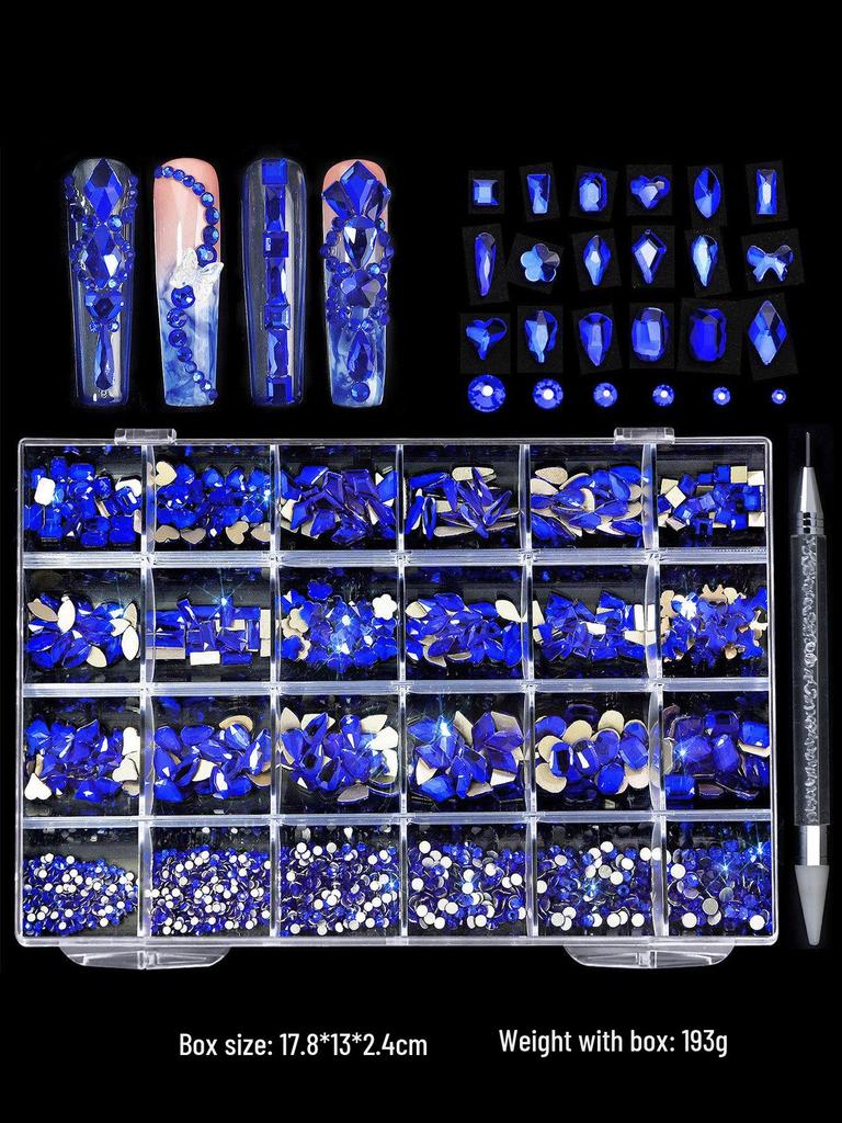 Iridescent Nail Art Rhinestone Set: 24 Grids of Mixed Super Sparkle Flat-Back Rhinestones in Special Shapes with Box Packaging.