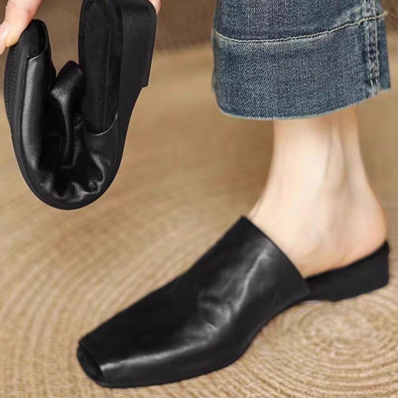 Women's Mules Outer Wear Woman Square Closed Toe Slippers Cowhide Lazier Flats Genuine Leather Simple Style Soft Mule Flat Shoes