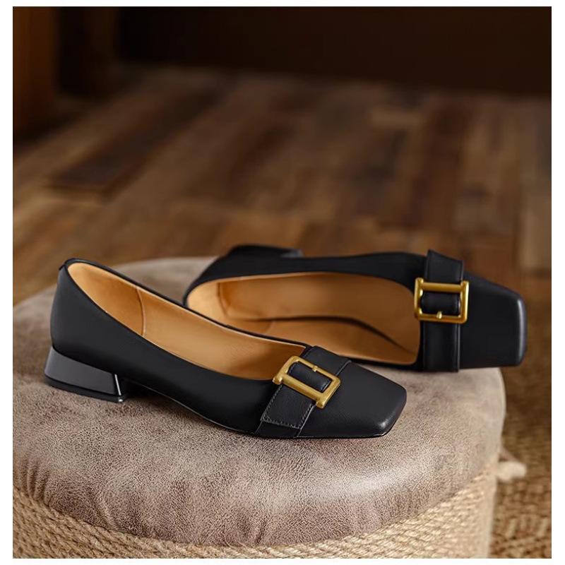 

Spring and autumn new versatile flat bottom square head light mouth thick heel belt buckle low heel single shoes women 35 чёрный