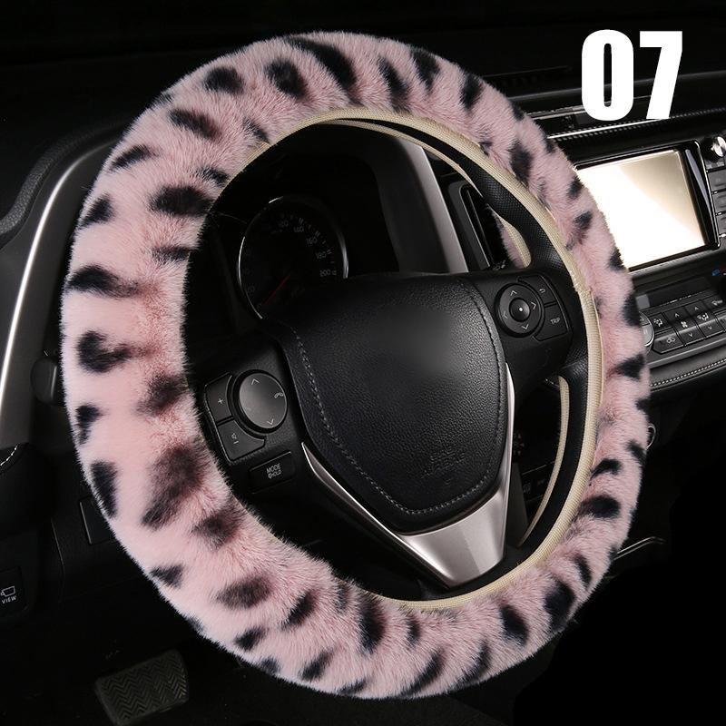 Luxury Leopard Winter Car Steering Wheel Cover Fur Imitation Rabbit Hair Soft Plush Gear Handbrake Case Car Interior