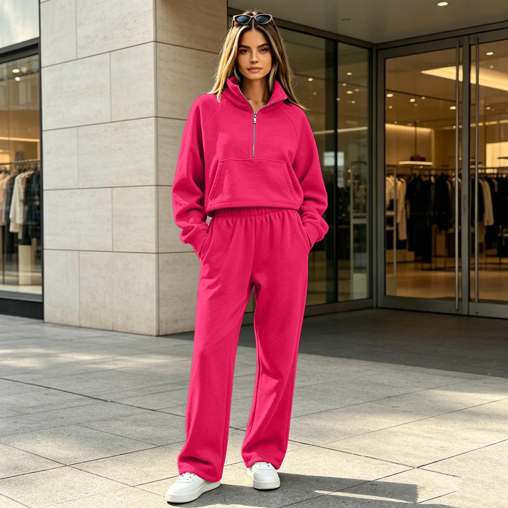 Women's Lined Half Zip Hoodie and Wide Leg Pants 2 Piece Sweatsuit for Fall Winter