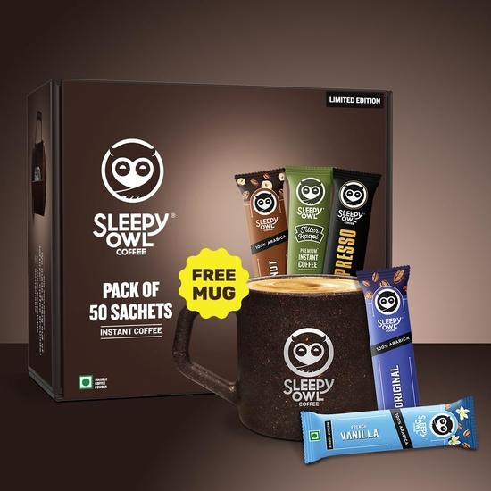 Sleepy Owl Instant Coffee Gift Pack | 50 Coffee Sachets + Free Mug | Assorted Flavours: Original, French Vanilla, Hazelnut, Xpresso & Filter Kaapi