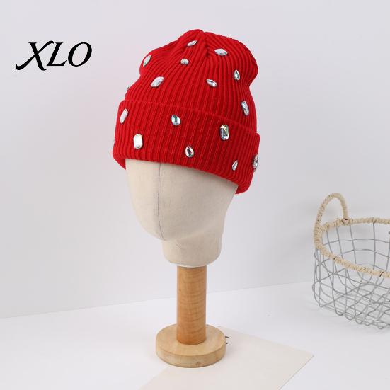 Music Festival Punk Style Cap Bling Rhinestone Knitted Hat, Street Knit Winter Sparkly Geometric Hat Warm Skull for Women Autumn Fashion Accessories