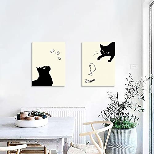 Picasso Katzen- und Kükenbilder, Set of 2, Kunsttafel, Katze fängt einen Vogel, Kunsttafel, Kunstrahmen, Modernes Poster, Dekoratives Gemälde, Leinwand, Dekorativ