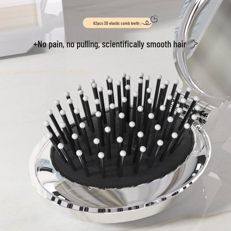 Portable Oval Folding Mirror Comb for Women & Children - Compact Hair Smoothing and Massage Tool