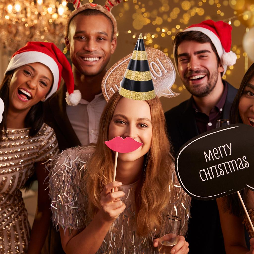 6Pcs Black Gold New Year Party Hats Paper Cone Hats Adults Lightweight Comfortable Design Suitable for Countdown Parties Family