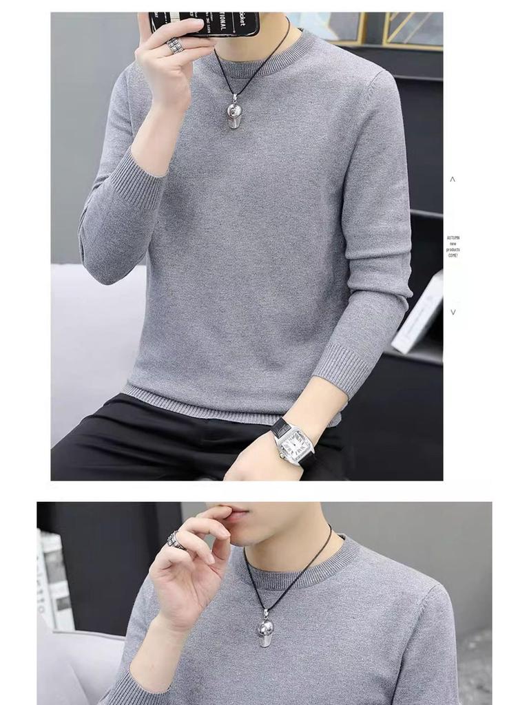 Men's Slim Fit Round Neck Sweater: Long Sleeve, Thin Pullover, Solid Color, Plus Velvet Knitwear for Autumn/Winter.
