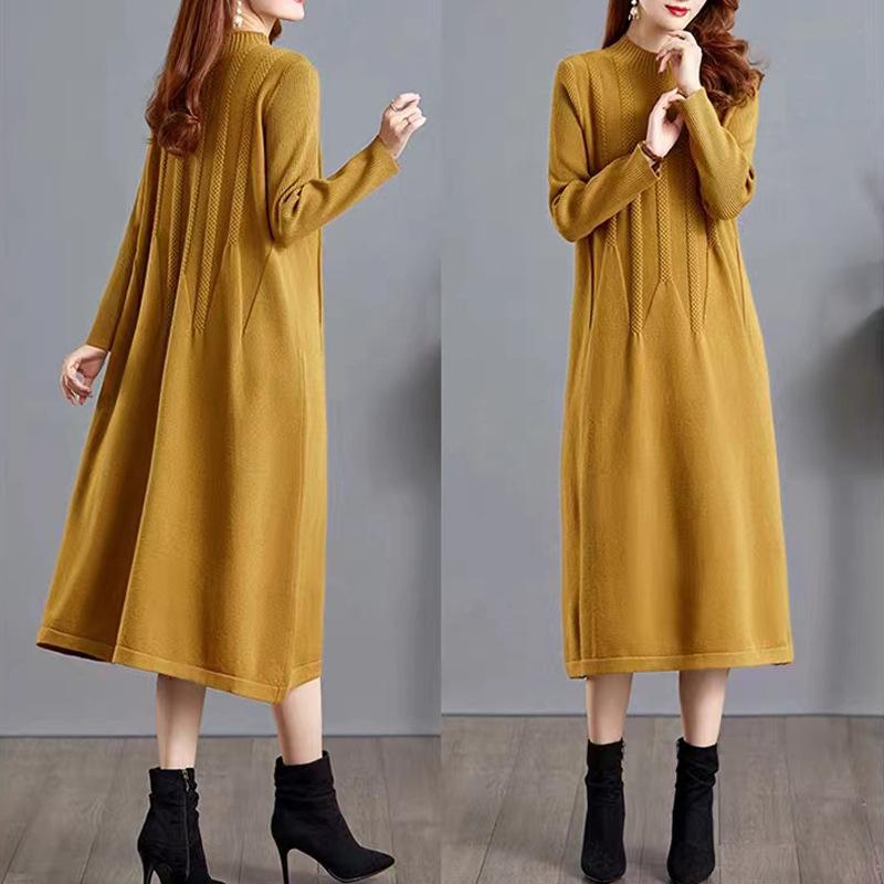 Knitted Dress for Women In Autumn and Winter Long Loose Solid Color Knee-length Sweater Dress Jacquard Half Turtleneck Sweater