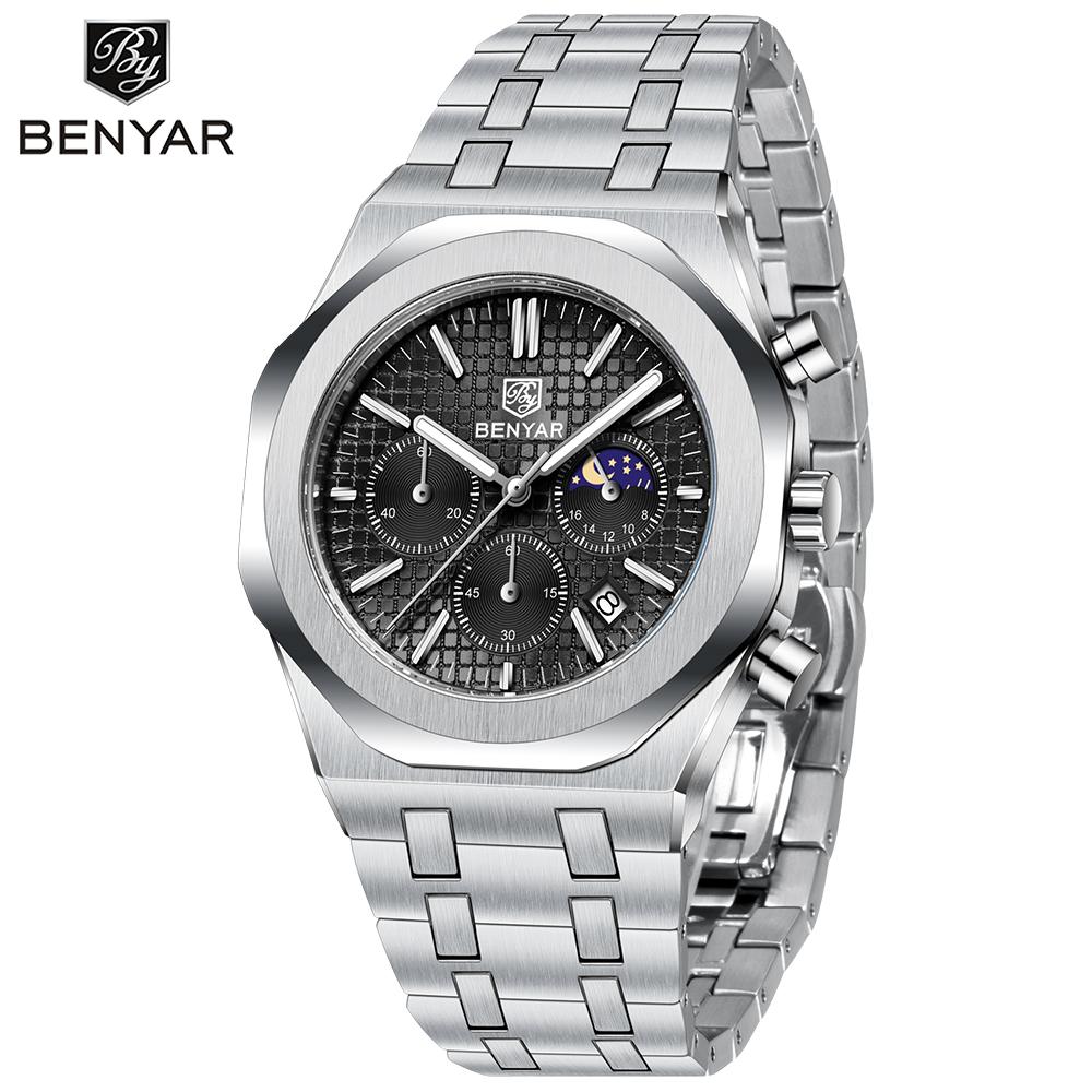 Benyar New 42mm Luxury Men's Quartz Watch PE905 Steel Strap Waterproof Luminous Chronometer Business Reloj Hombre