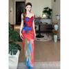 Xiaoke Wiwi Western Style Mesh Ink Painting Print Sling Vacation Dress Summer Fishbone Slim Fit Sheath Long Dress