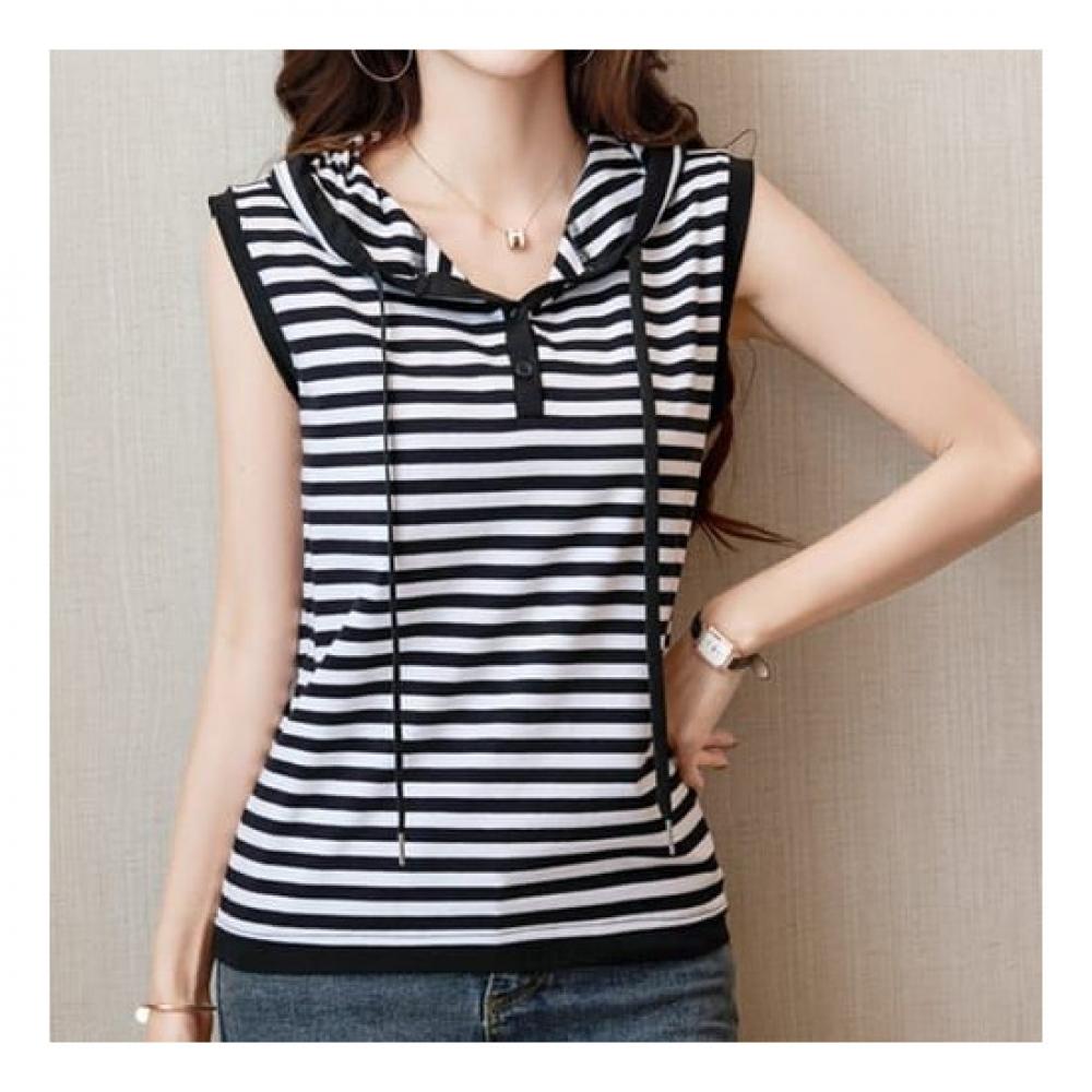 Navava NT1585 Casual STripe Sleeveless Hoodie T shirT
