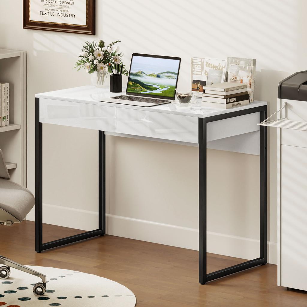 High Gloss Work Table, with Drawers - White