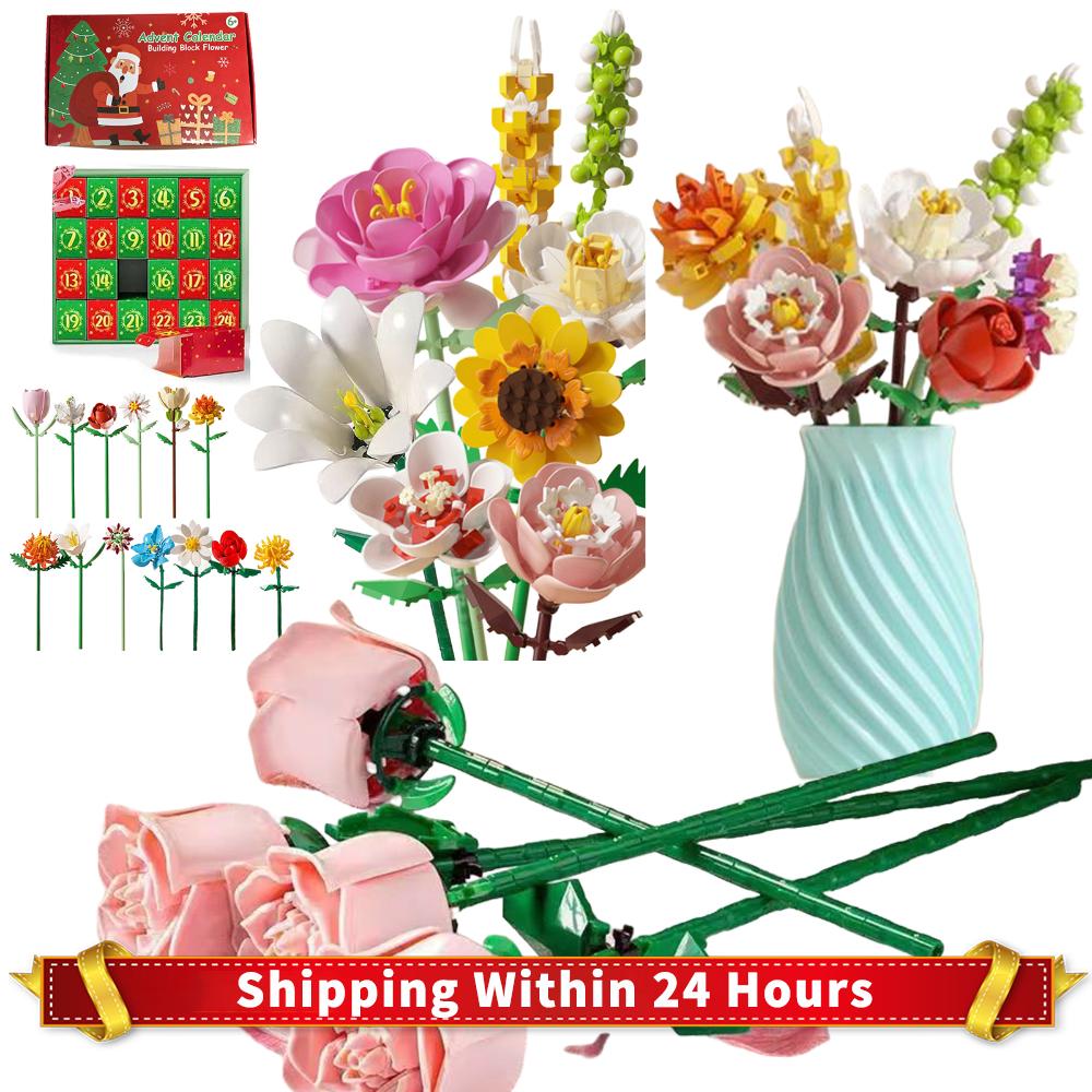 Christmas Building Block Countdown Calendar Flower Micro Brick Model Home Decoration Xmas Party Gift 24-Day Blooming Countdown