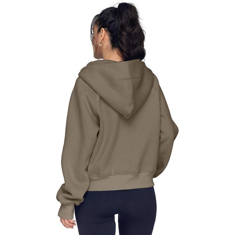 Autumn and Winter Zipper Casual Loose Hoodies Women Tops Fashion Solid Long Sleeve Crop Sweatshirts Women Pocket Simple Office Ladies Hooded 25179
