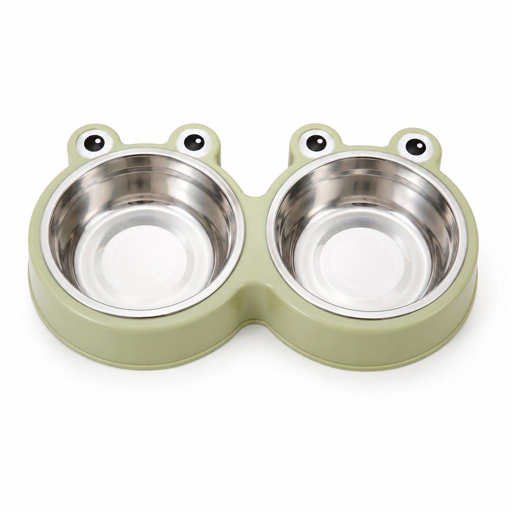 Frog Shaped Double Pet Bowl,Removable Stainless Steel Dog Cat Feeder Water Bowl,Anti‑Slip Anti‑Tip PP Base for Small Pets