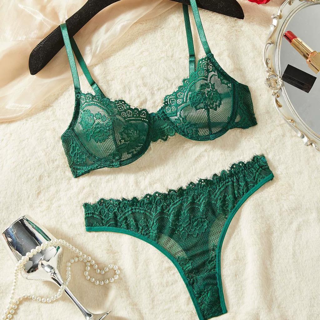 Victtoris Bars Green Ultra-Thin See-Through Lace Sexy Underwire Push-Up Thin Bra Set