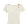 Summer New Female Spice Girl Style Contrasting Color Lace Square Neck Short-sleeved T-shirt Slim-fitting Design Bottoming Top