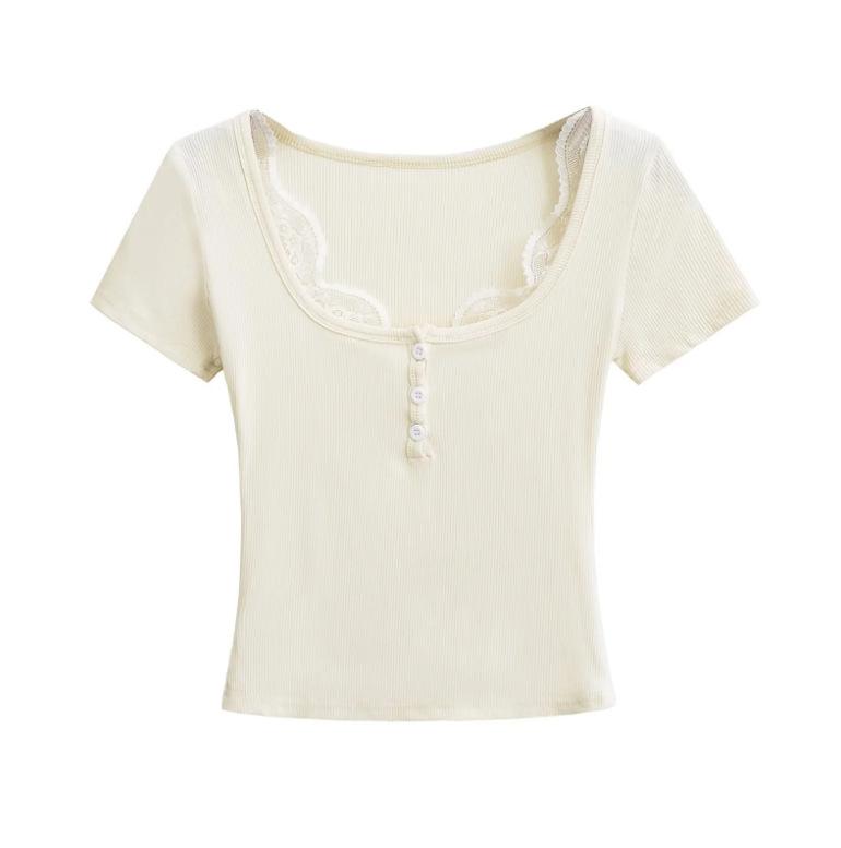 Summer New Female Spice Girl Style Contrasting Color Lace Square Neck Short-sleeved T-shirt Slim-fitting Design Bottoming Top