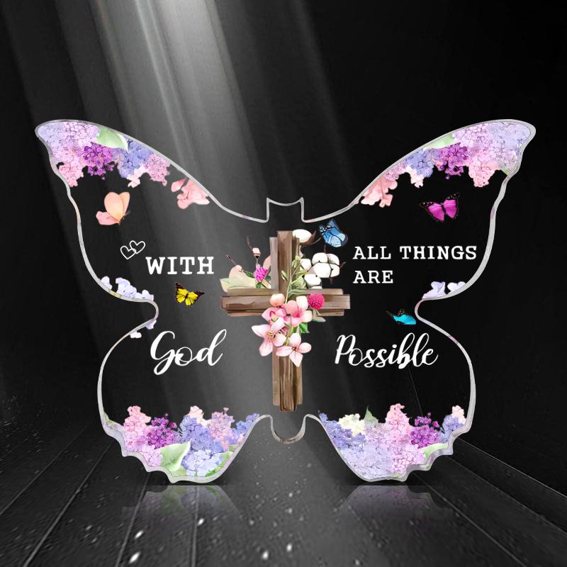 Vintage Acrylic Sign, 1pc Inspirational Acrylic Butterfly Cross with Bible Verses -  with God All Things Are Possible  Christian Keepsake Decor 9.8*7cm