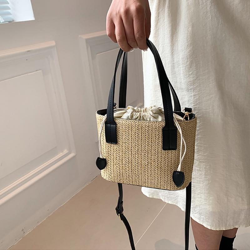 Knit Travel Bags Straw Woven Beach Bag Wrist Pack Women Handle Female Bucket Tote Bags Rattan Ladies Purses Handbag