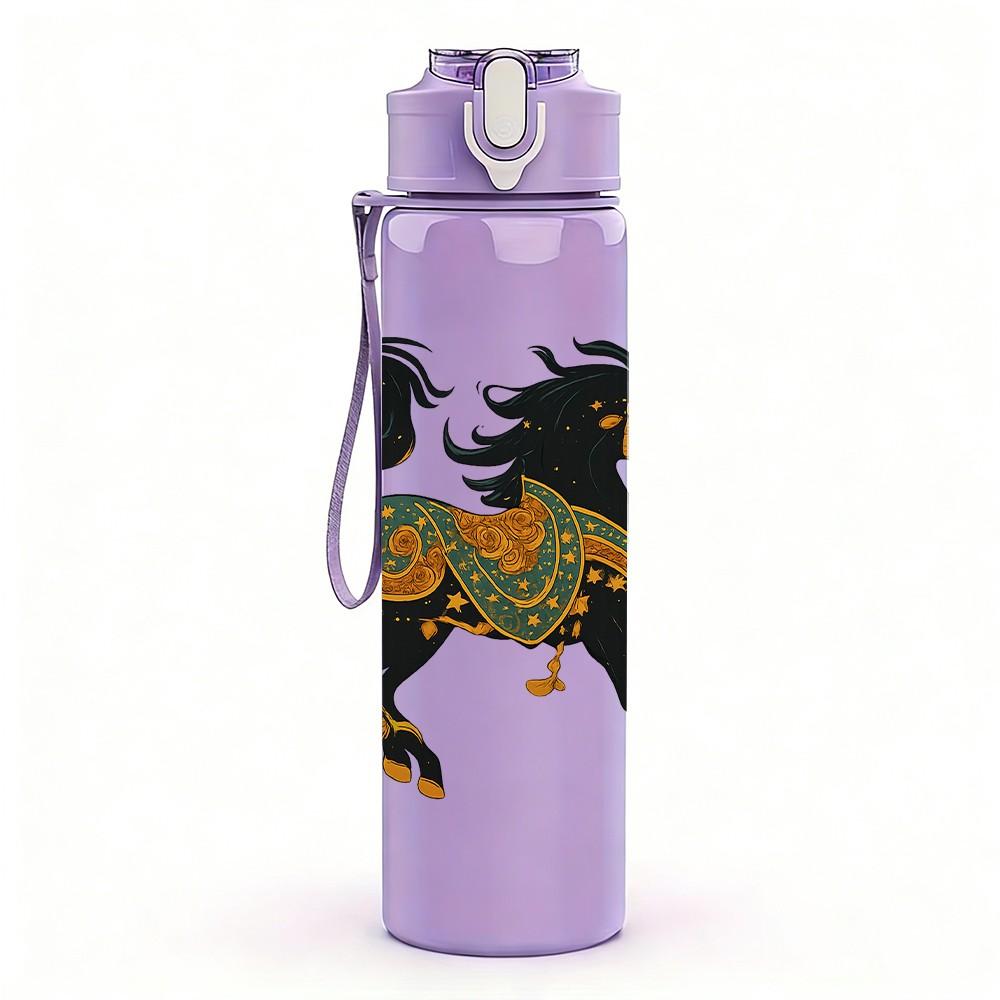1PC Classic Black Horse Art 750ml Color Plastic Sports Water Bottle Leakproof Flip Straw Lid Suitable for Sports Office Home Use