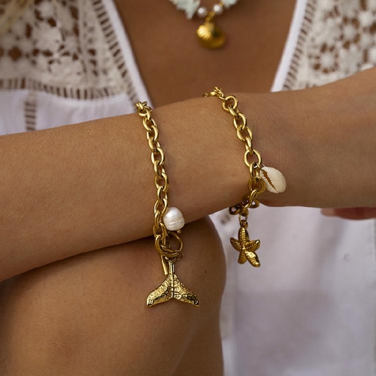 Handmade Ocean Bead Bracelet Fashionable Party Jewelry Chain Wristband Stainless Steel Texture for Party and Celebration