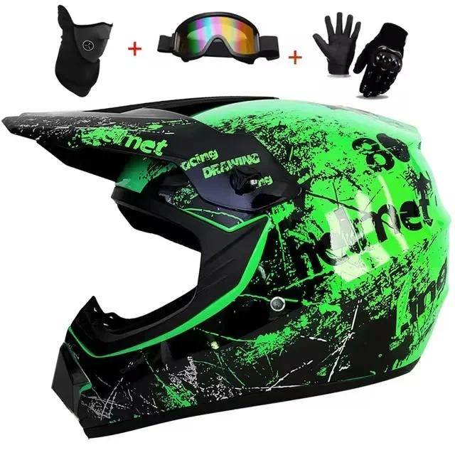 Full Face Motocross Helmet Kit Dot/Ece - For Adults & Youth - Comes With Mx Goggles & Gloves