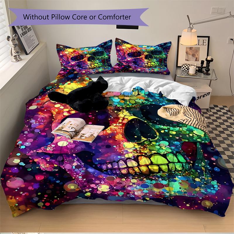 3pcs Colorful Skull Design Bedding Set, Includes One Quilt Cover and Two Pillowcases (No Core), Perfect for Bedroom and Guest Room