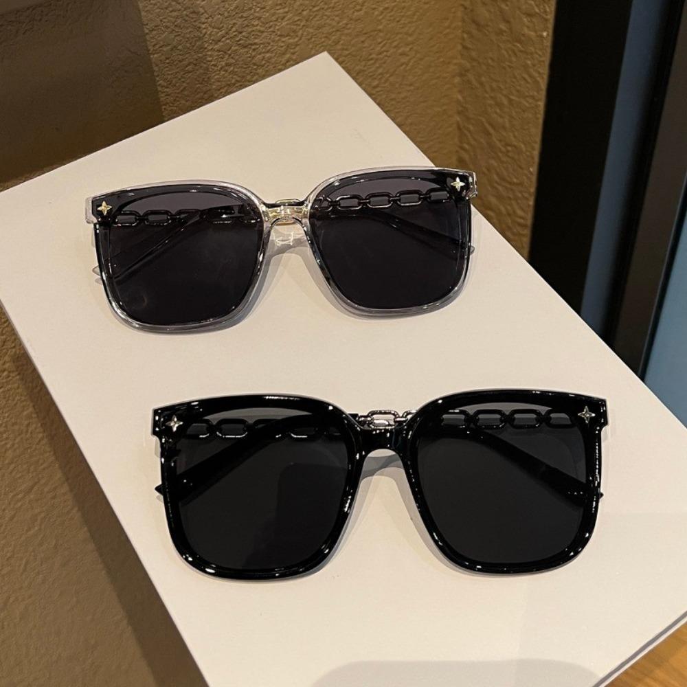 2PCS Chic Shining Sequins Link Chain Frame Over Sized Sunglasses for Women Men Trendy Shades Anti-radiation Eyewear