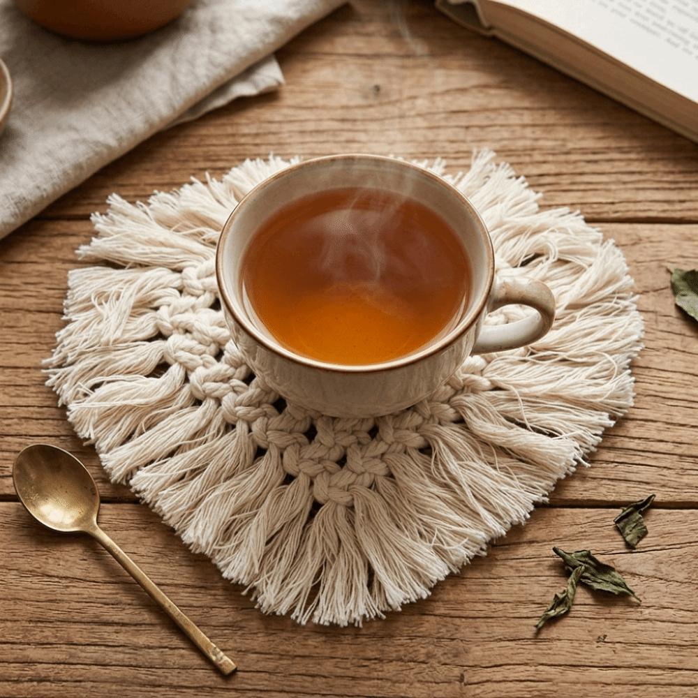 4Pcs Light Weight Cotton Cup Coaster Heart Shape Rope Woven Coaster Macrame Drink Mat Coffee Table