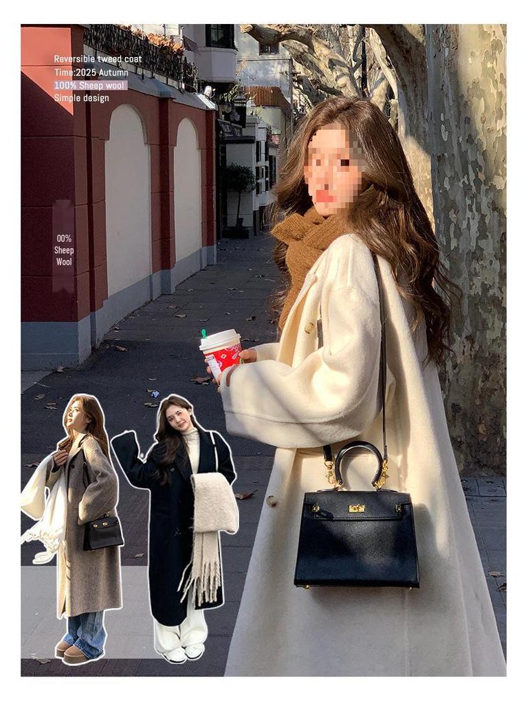 Su Jiu'er Damen Mittellanger Doppelseitiger Wollmantel - Verdickt, Weiß, Winter 2025 Edition