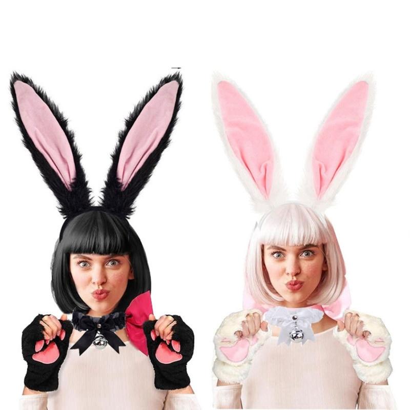 Hasenohren Stirnband Kragen Fliege Manschetten Hasen Schwanz für Halloween Cosplay Party Osterhasen Kostüm Set für Damen