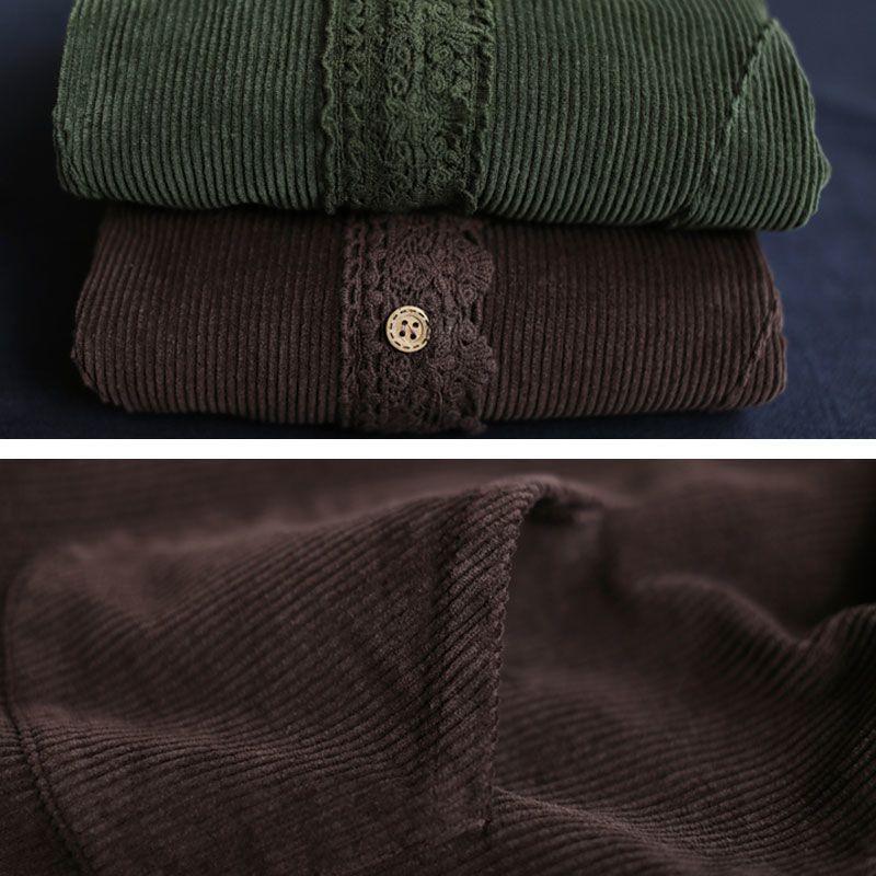 Plus Size Women's Loose Literary Long Sleeve Crew Neck Jacket Spring Solid Color Corduroy with Lace Trim Versatile Short Outerwear