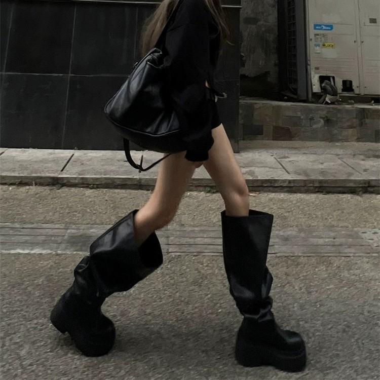 European and American style thick-soled big tube surrounding stacking boots~ New round head splicing sleeve pleated wedge heel high heel knee boots