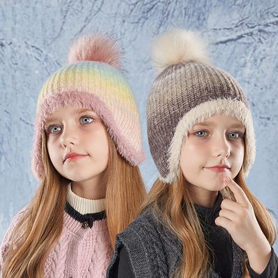 Korean Colorful Kids Hats Cute Fur Ball Knitted Hat Girl's Winter Ear Protection Caps Outdoor Plus Velvet Warm Hoods Accessories