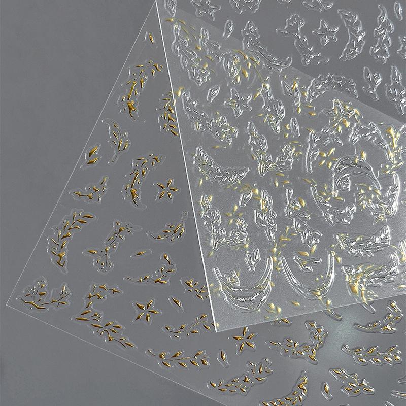 Chinese Style Wicker Leaves Design Embossed Reliefs Self Adhesive Nail Art Decorations Stickers Cute Manicure Decals Diy Salon