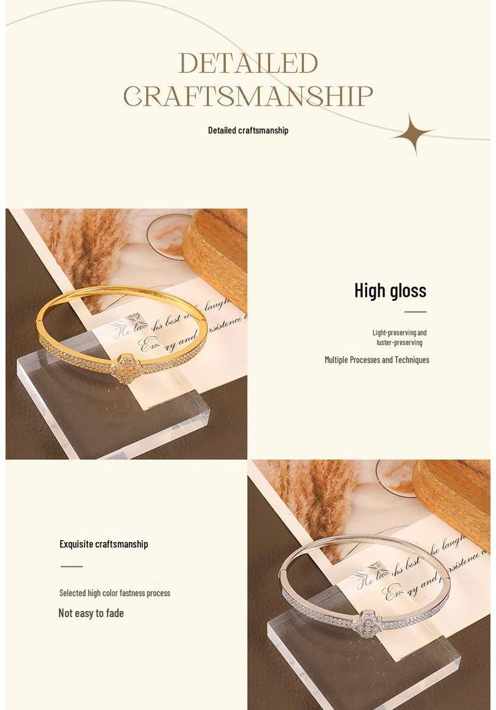 Versatile Luxury Diamond Four-Leaf Clover Women's Open Bangle Bracelet