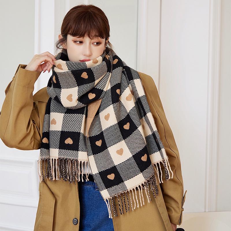 Plaid scarf women's winter versatile thickened warm scarf women's spring and autumn love double-sided imitation cashmere shawl