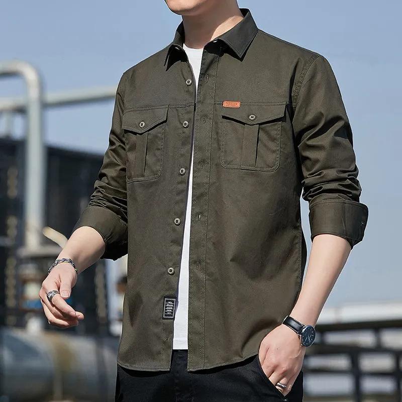 Cotton Cargo Shirt for Men Long Sleeve 2 Pocket Shirts Outdoor Casual Blouses Clothing Overshirt