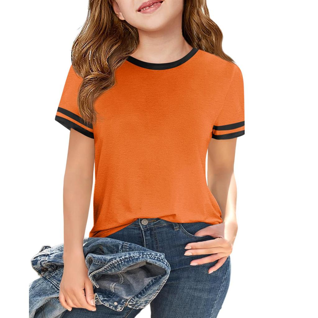 Girls Fashion Short Sleeve Round Neck Color Blocking Casual T-Shirt Top