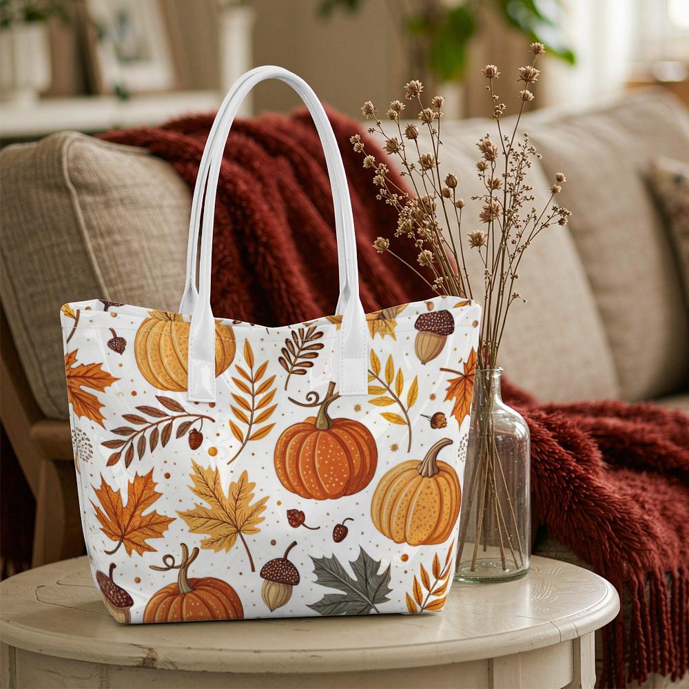 Fall Pattern Tote Bag Pumpkin Maple Leaf Print Handbag for Daily Use