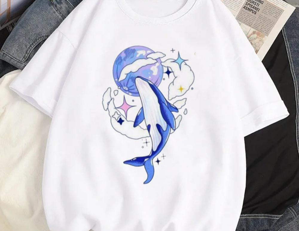 Women Y2K Fashion T Shirt Casual Loose Fit Tee with Cute Cartoon Whale Graphic Harajuku Style Top Daily Streetwear Oversized