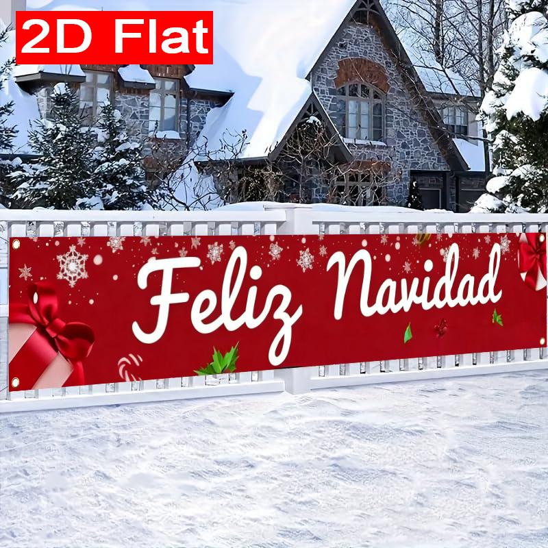Feliz Navidad Xmas Holiday Banner, Durable Polyester Outdoor Yard Sign for Garden Fence