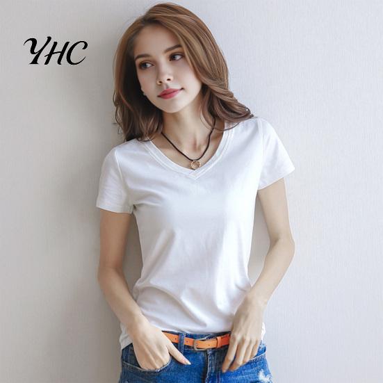 Round Neck Tee Women Summer T-shirt V-neck Short Sleeve Slim Fit Shirt Solid Color Pullover Tops Stretchy Bottoming Streetwear