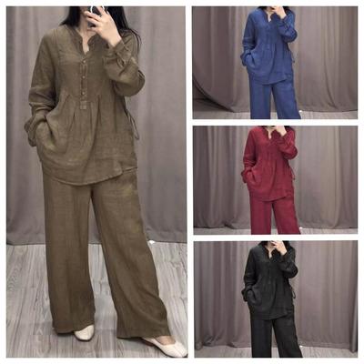 2026 Autumn Fashionable Cotton Linen Long Sleeve Casual Drawstring Pants Set