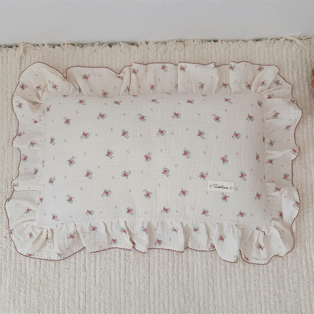 Small Floral Ruffle Lace Double Layer Cotton Gauze Pillowcase for Kindergarten