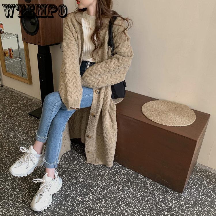 WTEMPO Women Long Knitted Sweaters Cardigans Autumn Female Large Size Casual Tops Long Sleeve Thick Solid Color Loose Coats